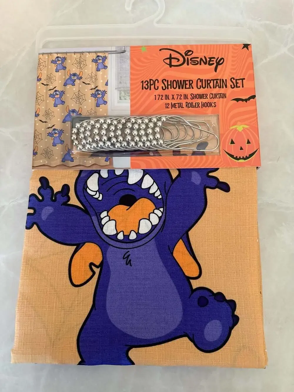 Disney 13PC Stitch Halloween Shower Curtain Set with Metal Roller Hooks